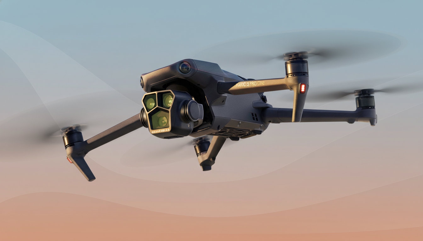 A DJI Mavic 3 Pro Cine drone flying against a soft gradient background with subtle patterns, resized to a 16:9 aspect ratio.