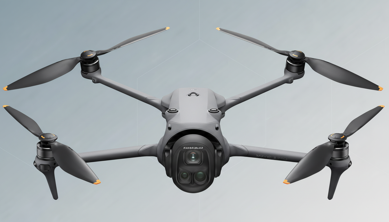 A gray drone with four propellers and a camera, set against a professional flat design background with soft patterns and gradients.