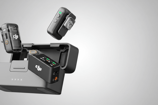 A professional, enhanced image of DJI wireless microphones and their charging case, presented on a clean, light gray gradient background.