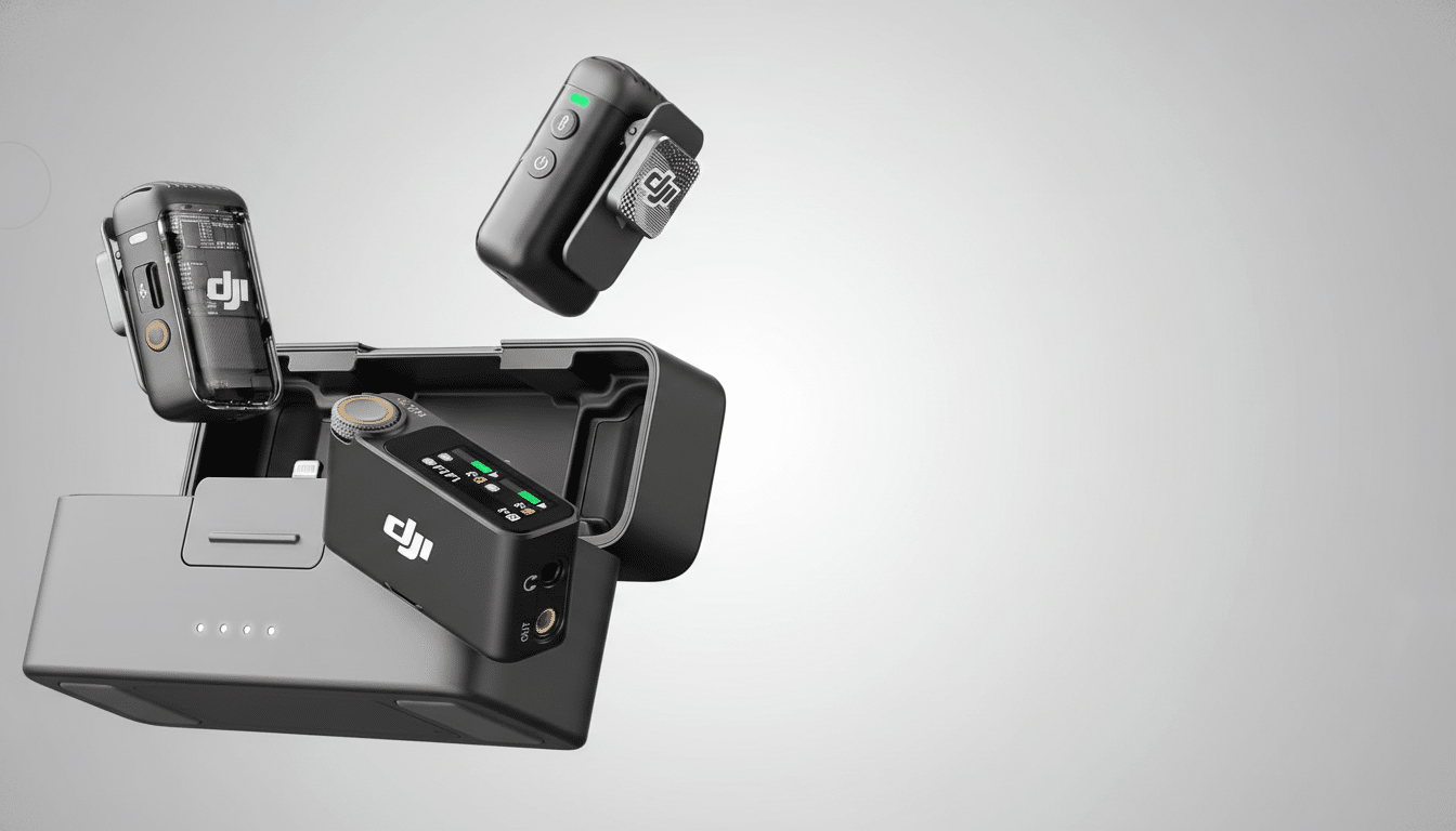 A professional, enhanced image of DJI wireless microphones and their charging case, presented on a clean, light gray gradient background.