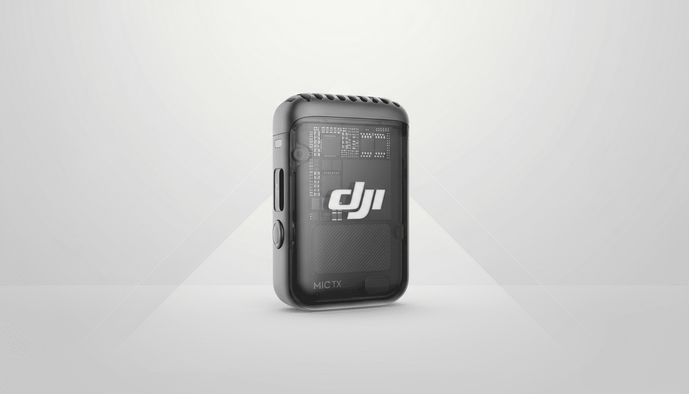 A DJI Mic TX transmitter unit is centered on a professional flat design background with soft gray gradients and subtle geometric patterns.