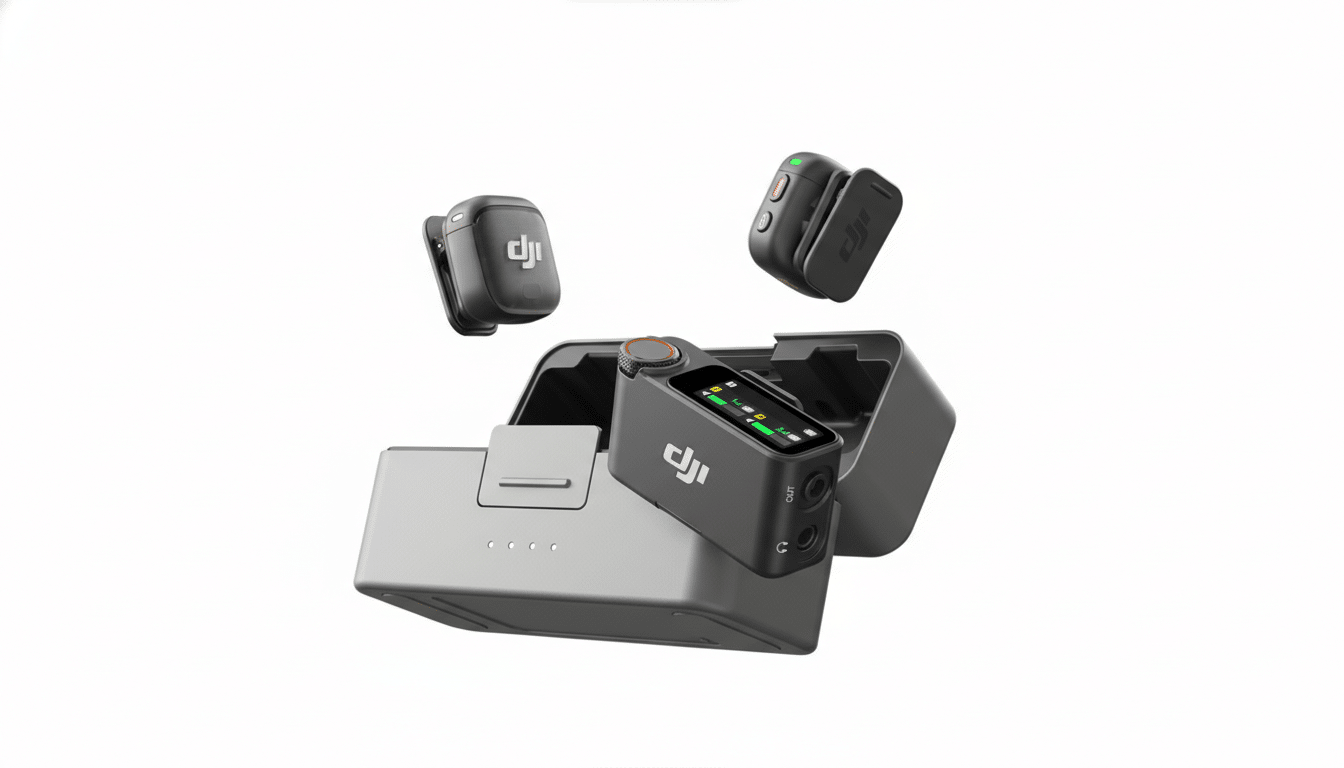 A DJI wireless microphone system, including a charging case, a receiver, and two transmitters, all in a professional 16:9 aspect ratio.