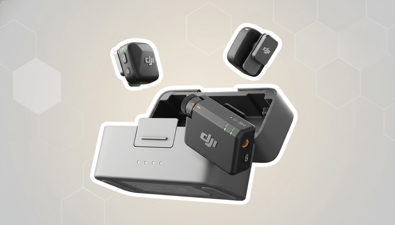 A DJI Mic wireless microphone system, featuring a charging case and two compact microphone transmitters, presented on a professional flat design background with soft patterns.