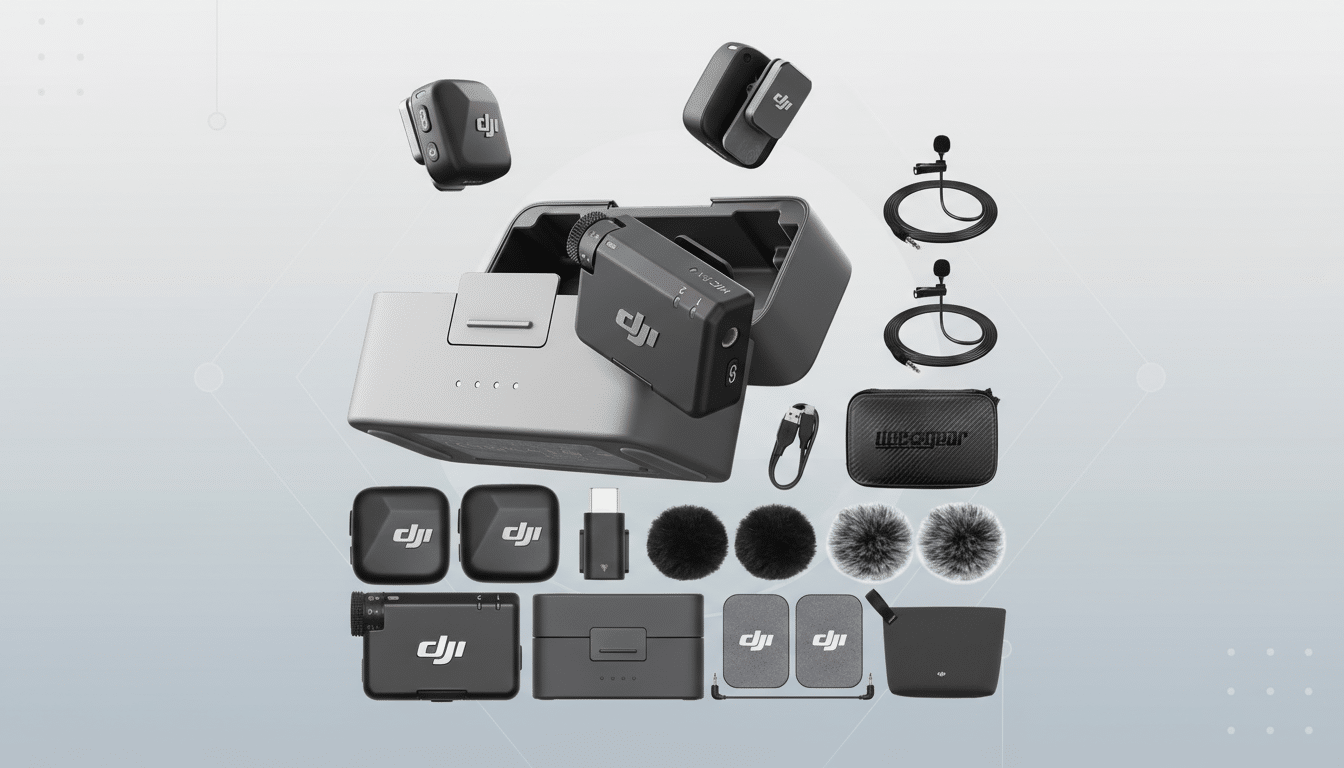 A professional flat design background with soft patterns and gradients showcasing a comprehensive DJI Mic 2 wireless microphone system kit. The kit includes two transmitters, a receiver, a charging case, two lavalier microphones, two wind muffs, a USB-C adapter, a carrying pouch, and a small carrying case, all arranged neatly.