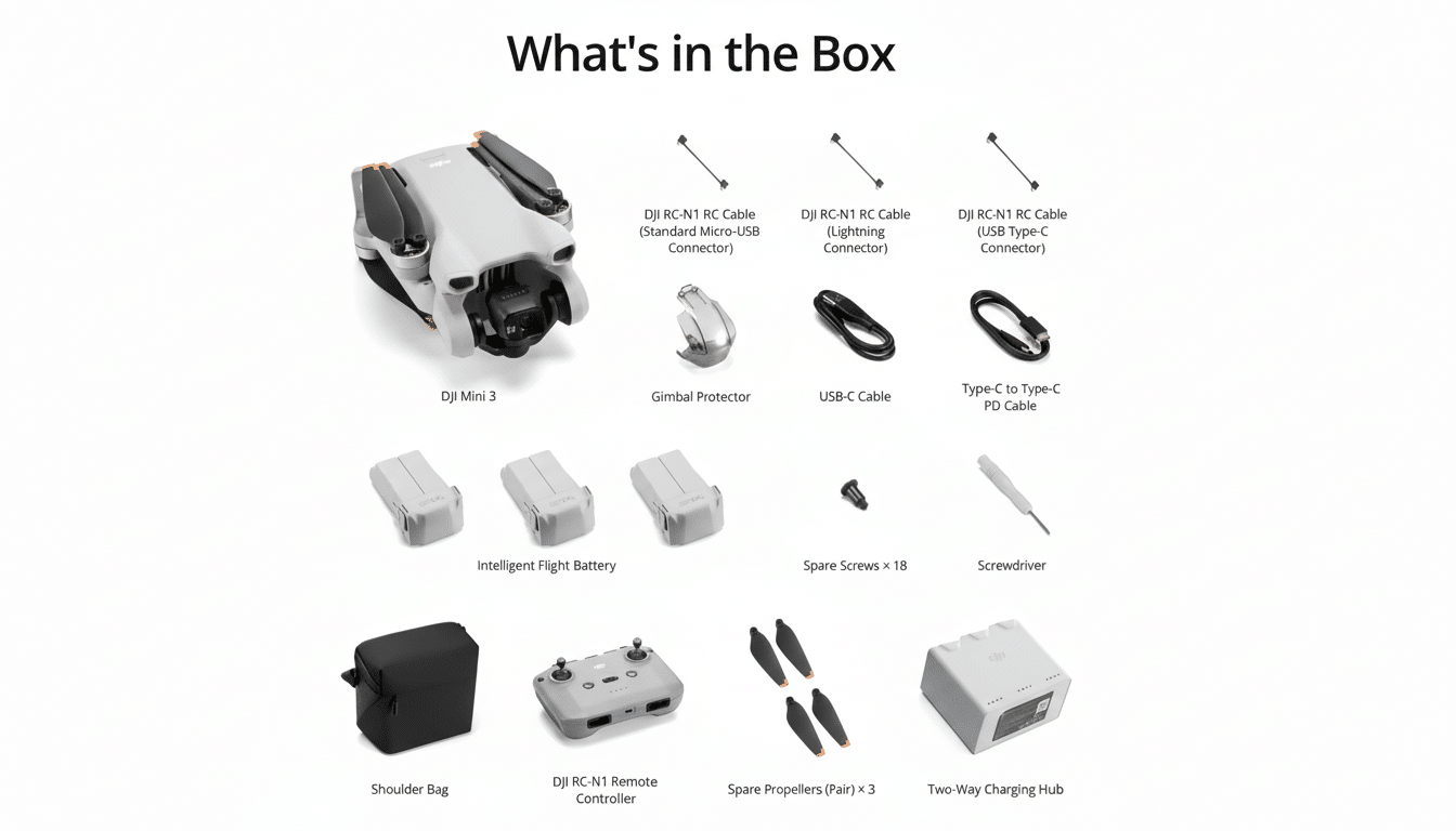 A 16:9 aspect ratio image showing the contents of the DJI Mini 3 box, including the drone, remote controller, batteries, cables, and accessories, against a clean white background.