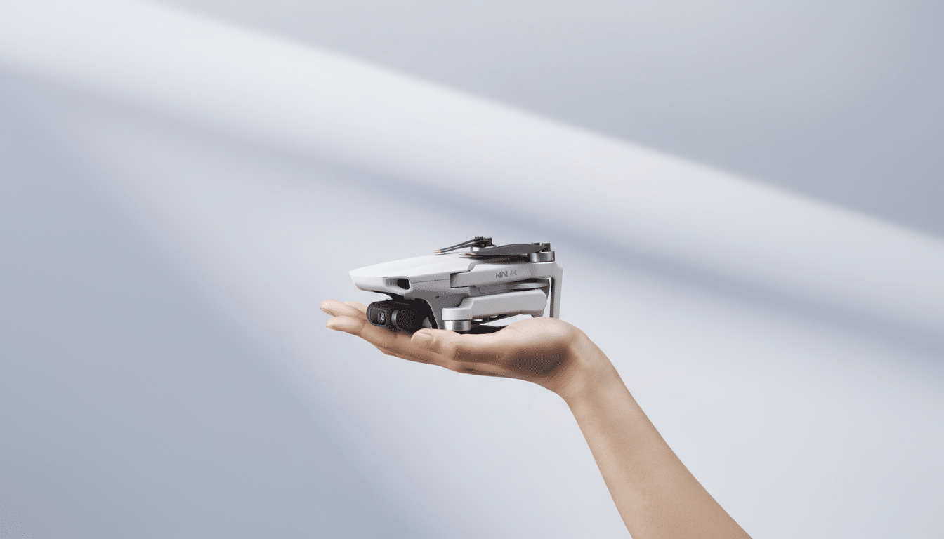 A hand holding a white DJI Mini 4K drone, resized to a 16:9 aspect ratio with the original background maintained.