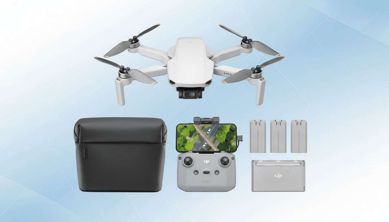 A DJI Mini drone and its accessories, including a carrying case, remote controller with a smartphone attached, three batteries, and a charging hub, presented on a professional flat design background with soft blue gradients and subtle geometric patterns.