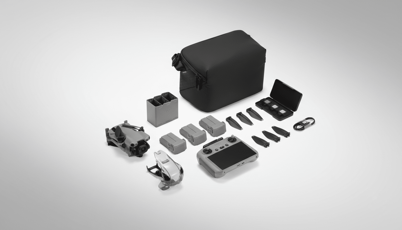A professional overhead shot of a DJI Mini 3 Pro drone and its accessories, including a remote controller, multiple batteries, propellers, a charging hub, and a carrying bag, all arranged neatly on a clean, light gray background.