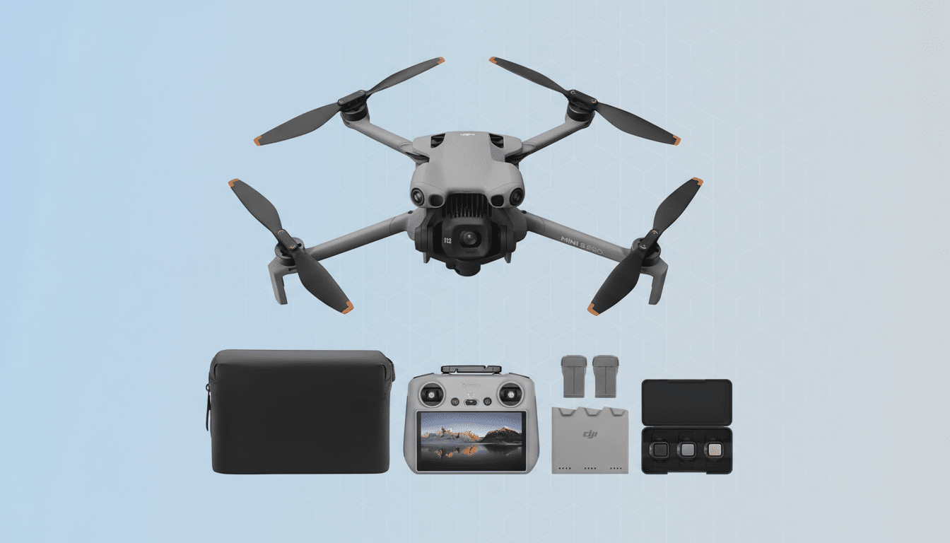 A DJI Mini 3 Pro drone and its accessories, including a carrying case, remote controller, two extra batteries, a charging hub, and a set of camera filters, all arranged on a light blue gradient background.
