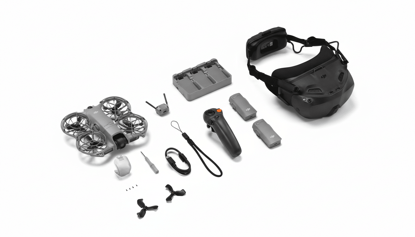 A professional overhead shot of a DJI drone kit, including the drone, VR goggles, controller, batteries, charging hub, and various accessories, all arranged neatly on a white background.