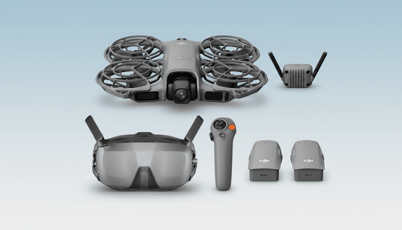 A DJI Avata drone, goggles, controller, and two batteries are arranged on a soft blue and white gradient background.