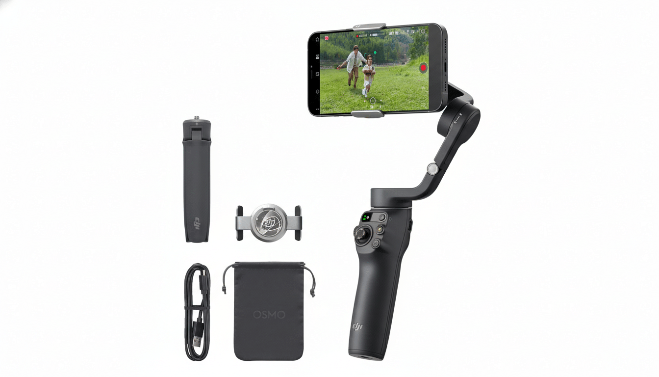 A DJI Osmo Mobile 6 smartphone gimbal with a phone attached, displaying a video of a man and child running in a field. The gimbal is accompanied by its accessories: a tripod grip, a magnetic phone clamp, a charging cable, and a carrying pouch, all presented on a white background.