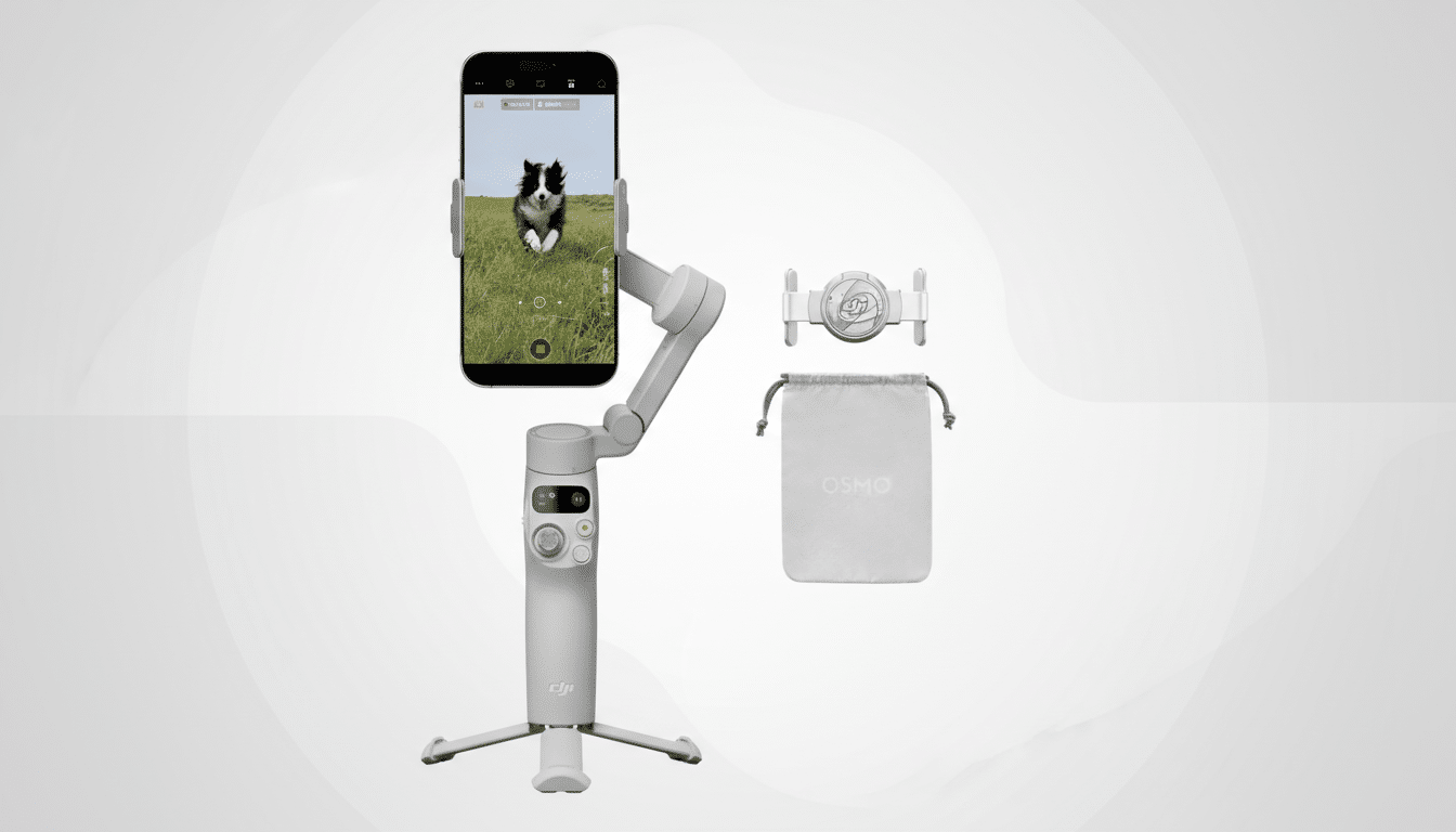 A DJI Osmo Mobile 6 gimbal with a smartphone attached, displaying a dog running in a field. Next to it are a magnetic phone clamp and an Osmo carrying pouch, all presented on a professional flat design background with soft patterns.