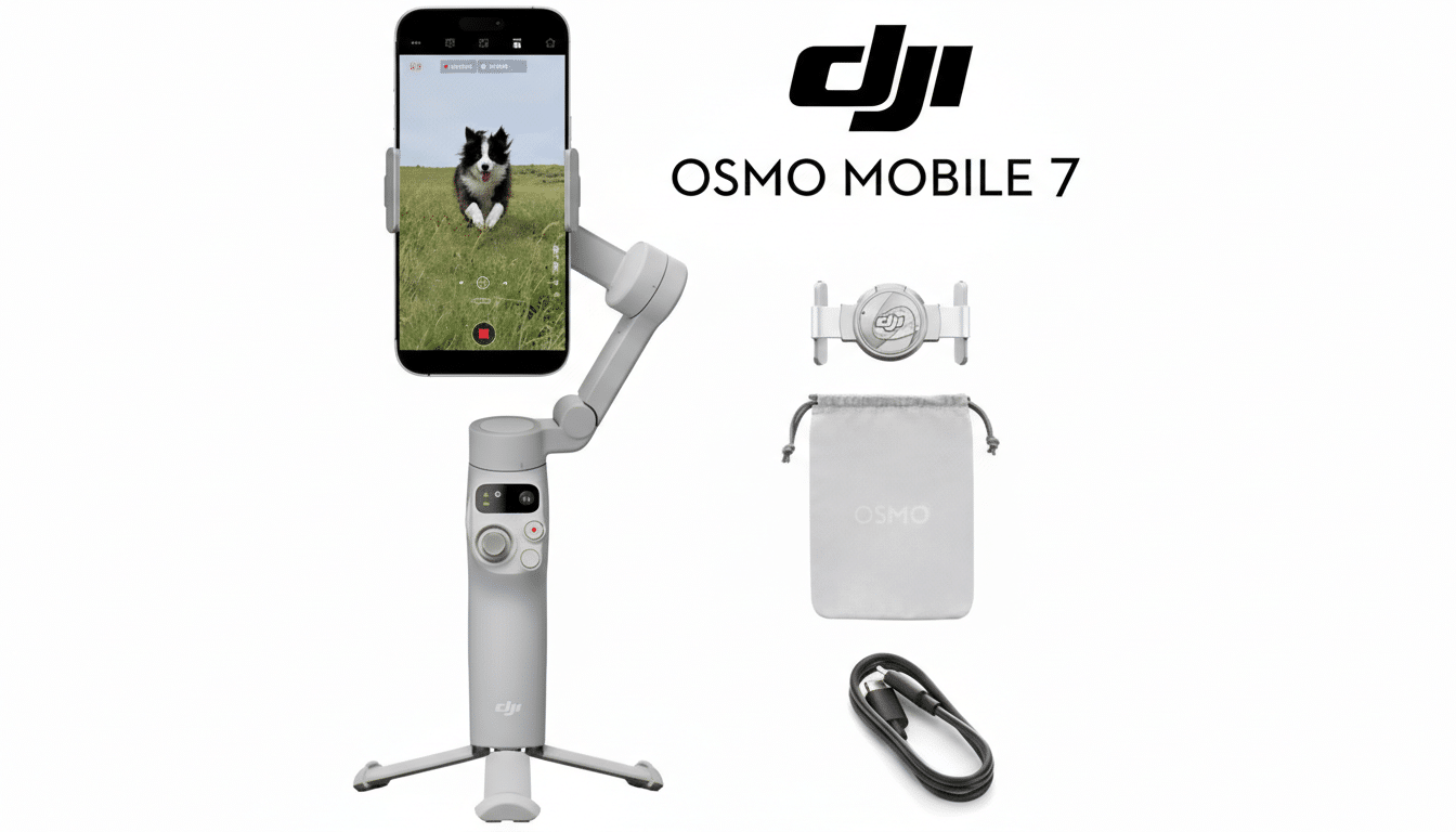 A white DJI Osmo Mobile 7 gimbal with a smartphone attached, displaying a dog running in a field. Also shown are a magnetic phone clamp, a drawstring pouch, and a charging cable, all against a white background with the DJI logo and product name.