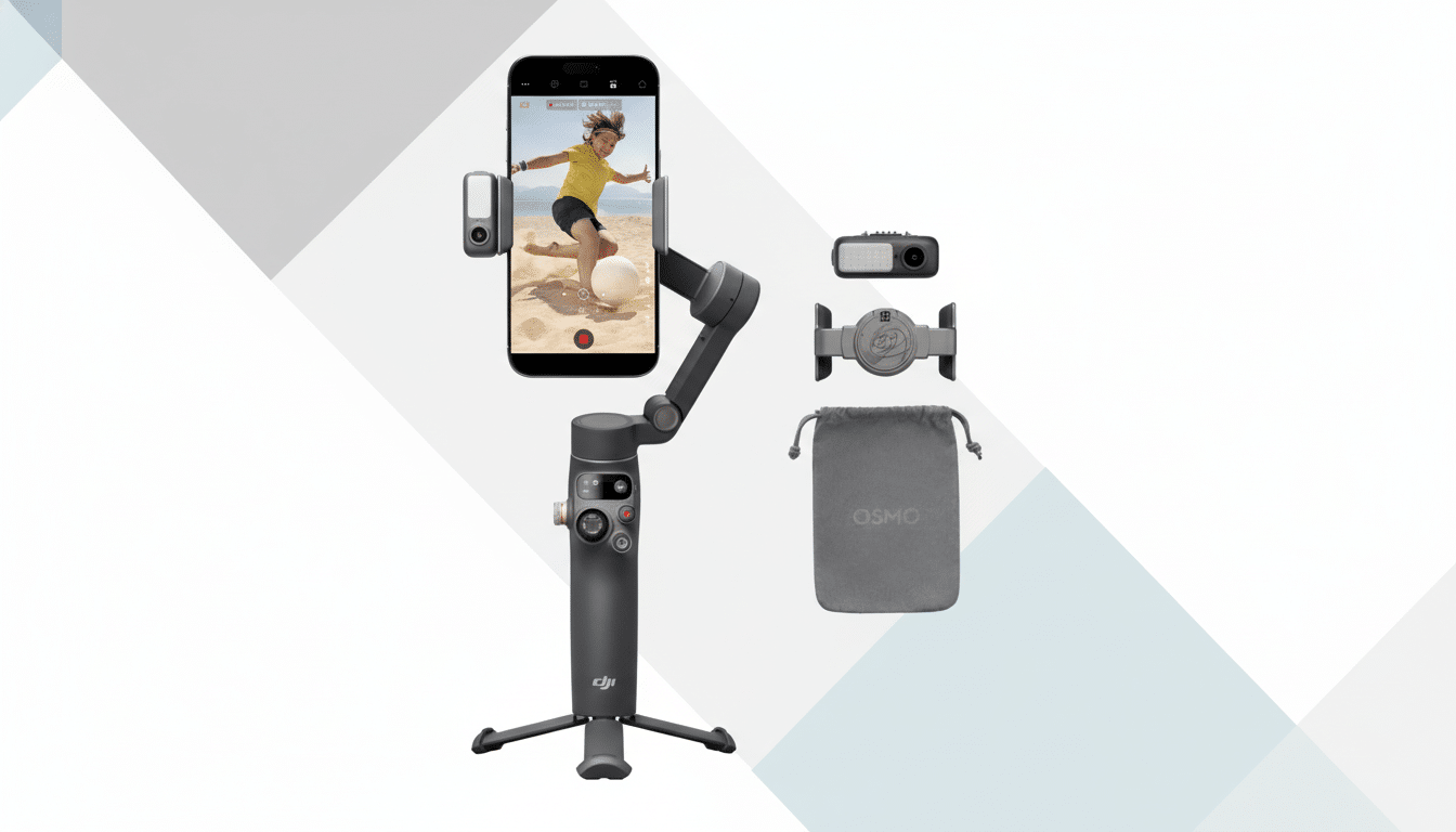 A DJI Osmo Mobile 6 gimbal with a smartphone attached, displaying a child playing soccer on a beach. To the right are accessories including a fill light, a magnetic phone clamp, and a gray drawstring pouch, all presented on a professional flat design background with soft geometric patterns in shades of gray and white.