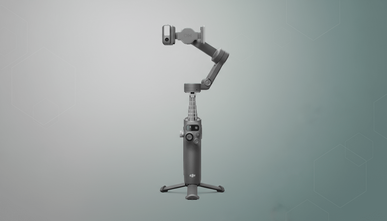 A professional image of a gray DJI Osmo Mobile 6 gimbal on a light gray and teal gradient background with subtle geometric patterns.