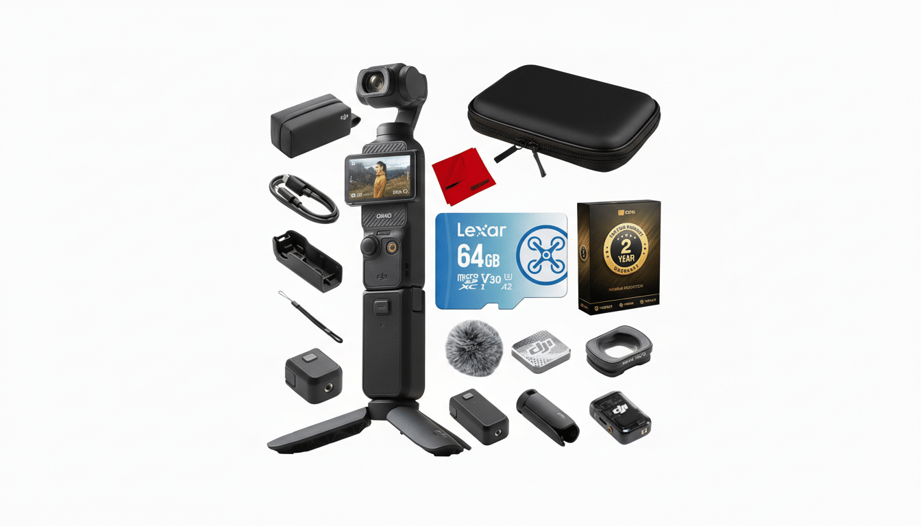 A DJI Osmo Pocket 2 Creator Combo kit, including the gimbal camera, various accessories like a wide-angle lens, wireless microphone transmitter, tripod, charging case, and a 64GB Lexar microSD card, all arranged on a white background.