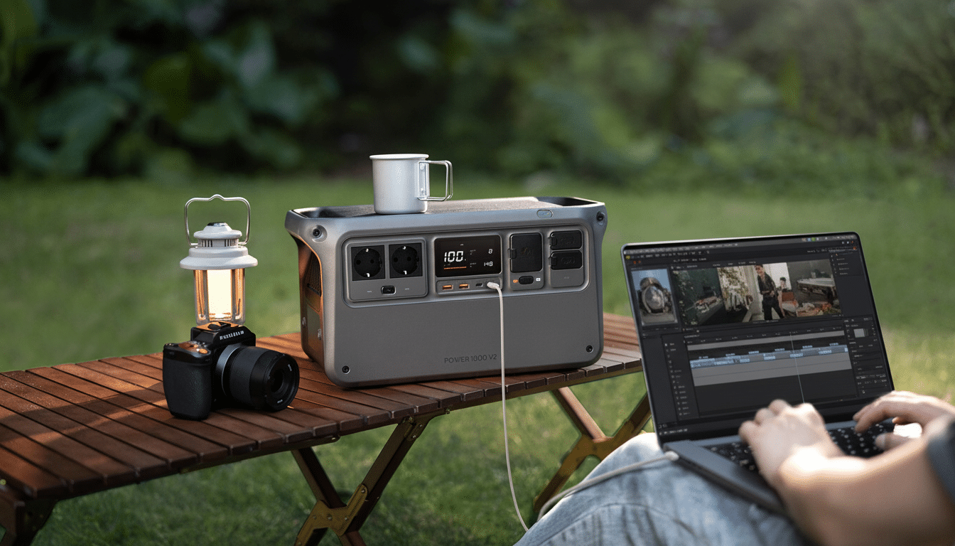 A portable power station, camera, and lantern on a wooden table outdoors, with a person editing video on a laptop.