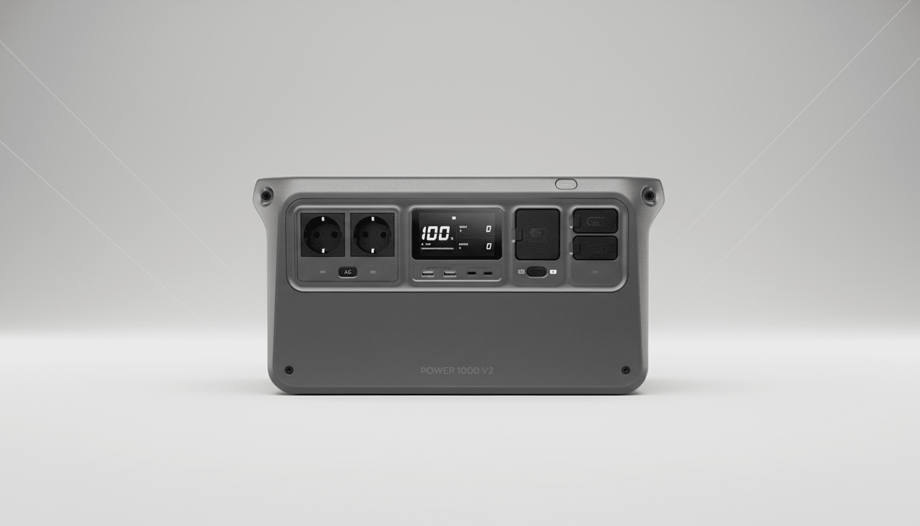 A gray portable power station with multiple outlets and a digital display, set against a professional light gray background with subtle geometric patterns.