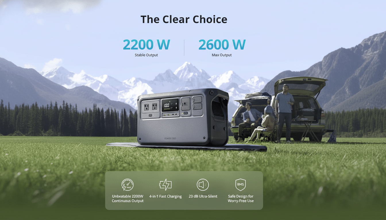 A portable power station in a grassy field with mountains in the background, and people relaxing near a car.