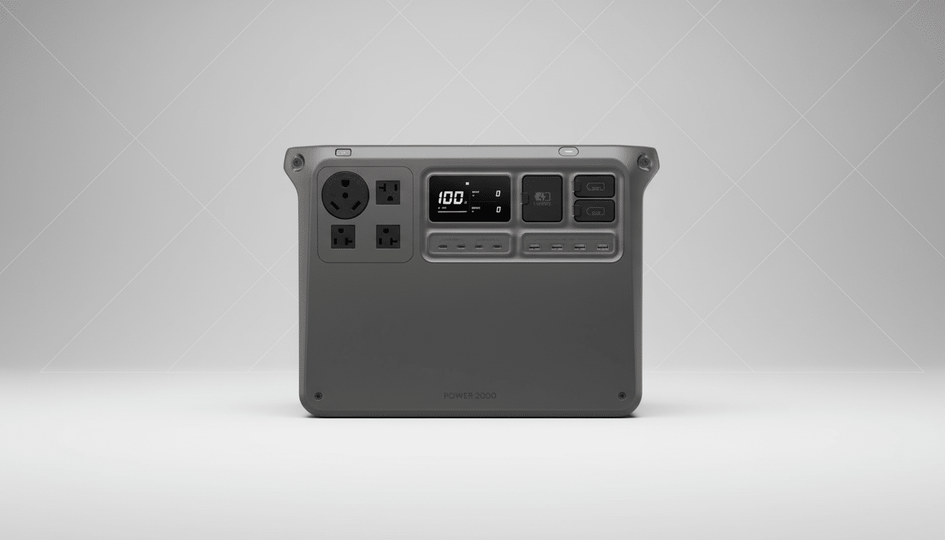 A gray portable power station with multiple outlets and a digital display showing 100% charge, presented on a clean, professional white background with subtle geometric patterns.