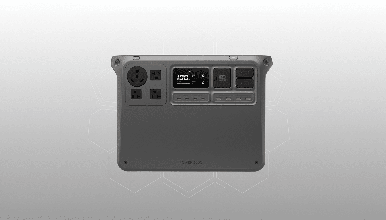 DJI Power 2000 portable power station with AC outlets, USB ports, and LED display