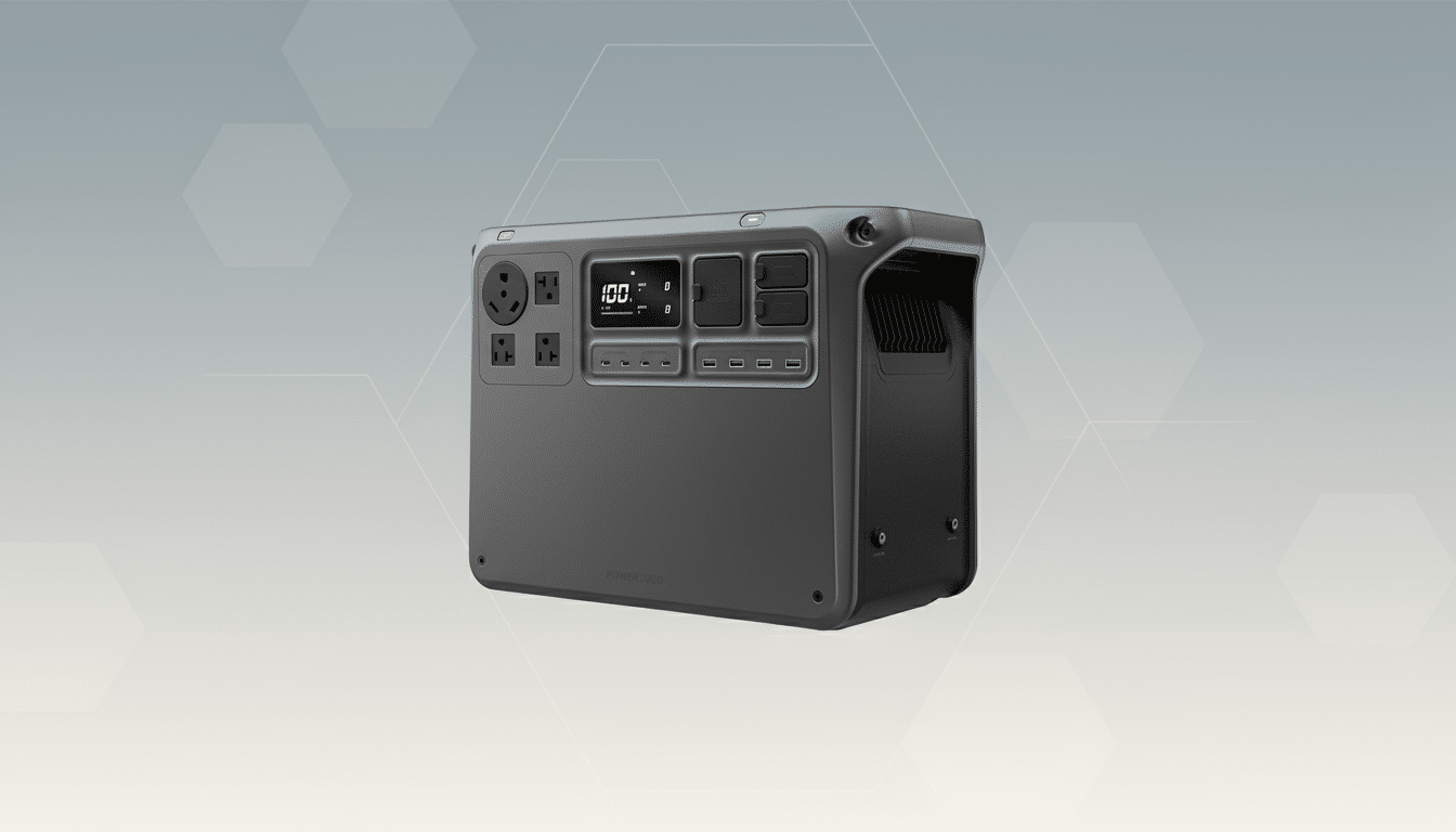 A professional, enhanced image of a dark gray portable power station with multiple outlets and a digital display showing 100% charge, set against a subtle gray background with soft hexagonal patterns.