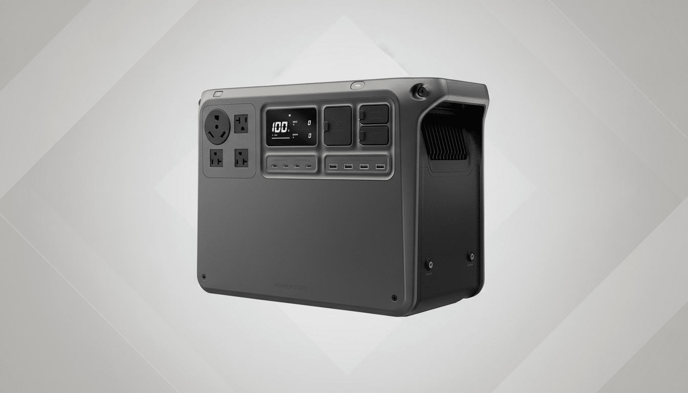 A professional, enhanced image of a gray portable power station with multiple outlets and a digital display, set against a clean, light gray background with subtle geometric patterns.