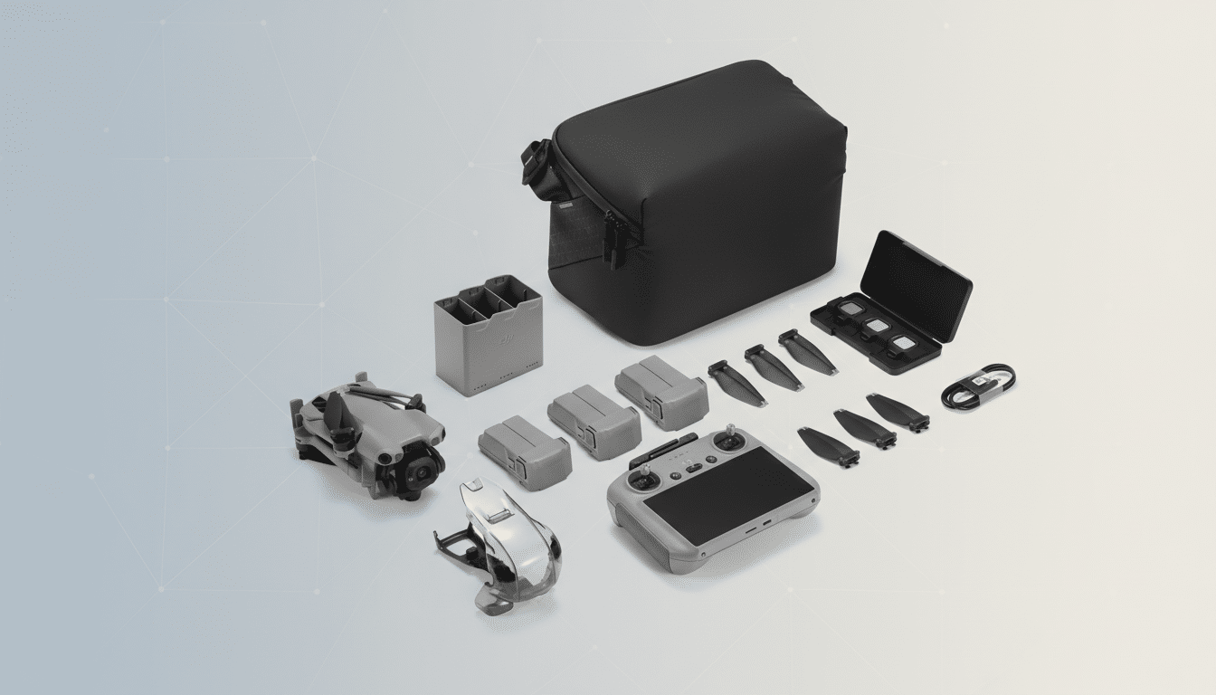 A professional overhead shot of a DJI Mini 3 Pro drone and its accessories, including a remote controller, multiple batteries, propellers, a charging hub, and a carrying bag, all arranged on a clean, light gray background with subtle geometric patterns.