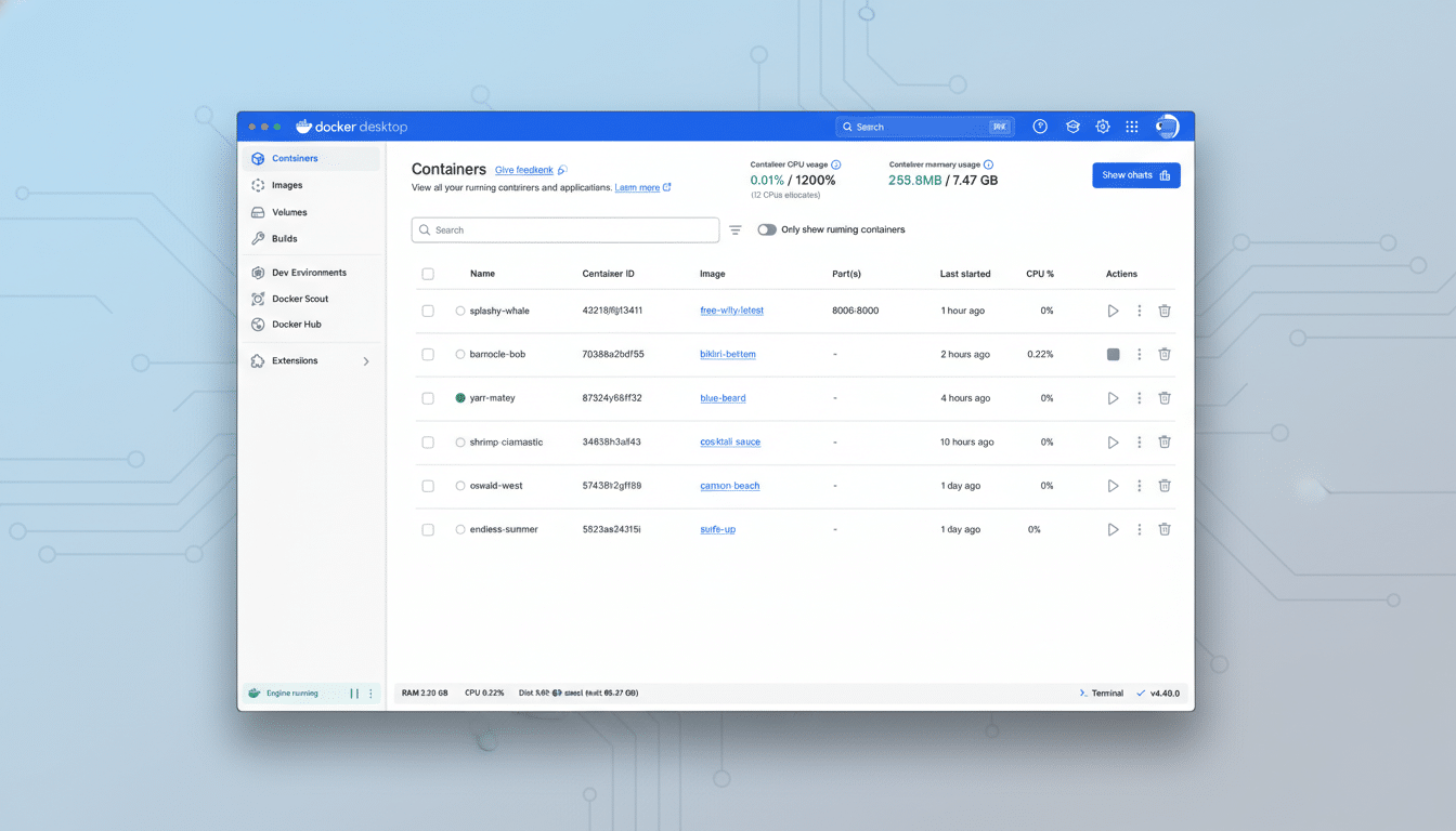 A screenshot of the Docker Desktop application interface, displaying a list of running containers. The background has been updated to a professional flat design with soft patterns.
