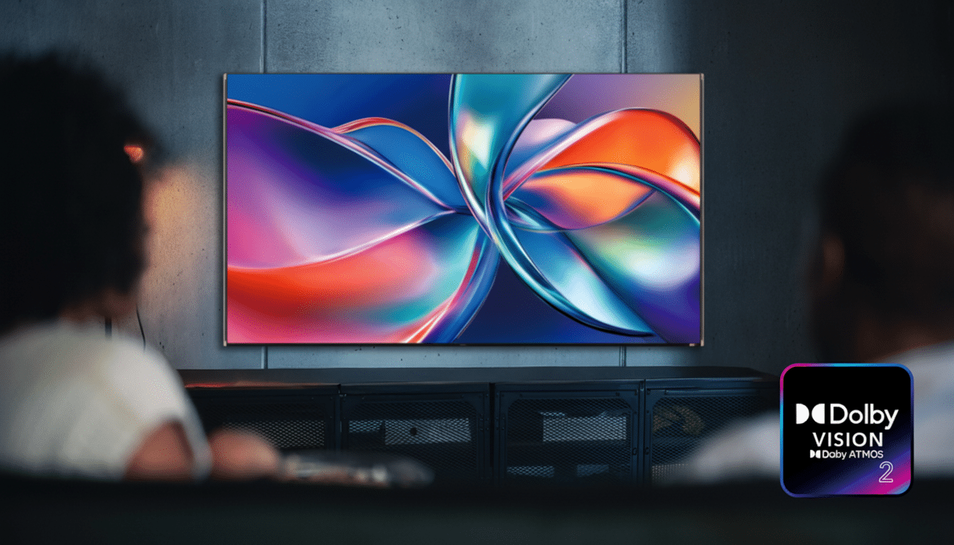 A 16:9 aspect ratio image of two people watching a television displaying colorful abstract art, with a Dolby Vision logo in the bottom right corner.