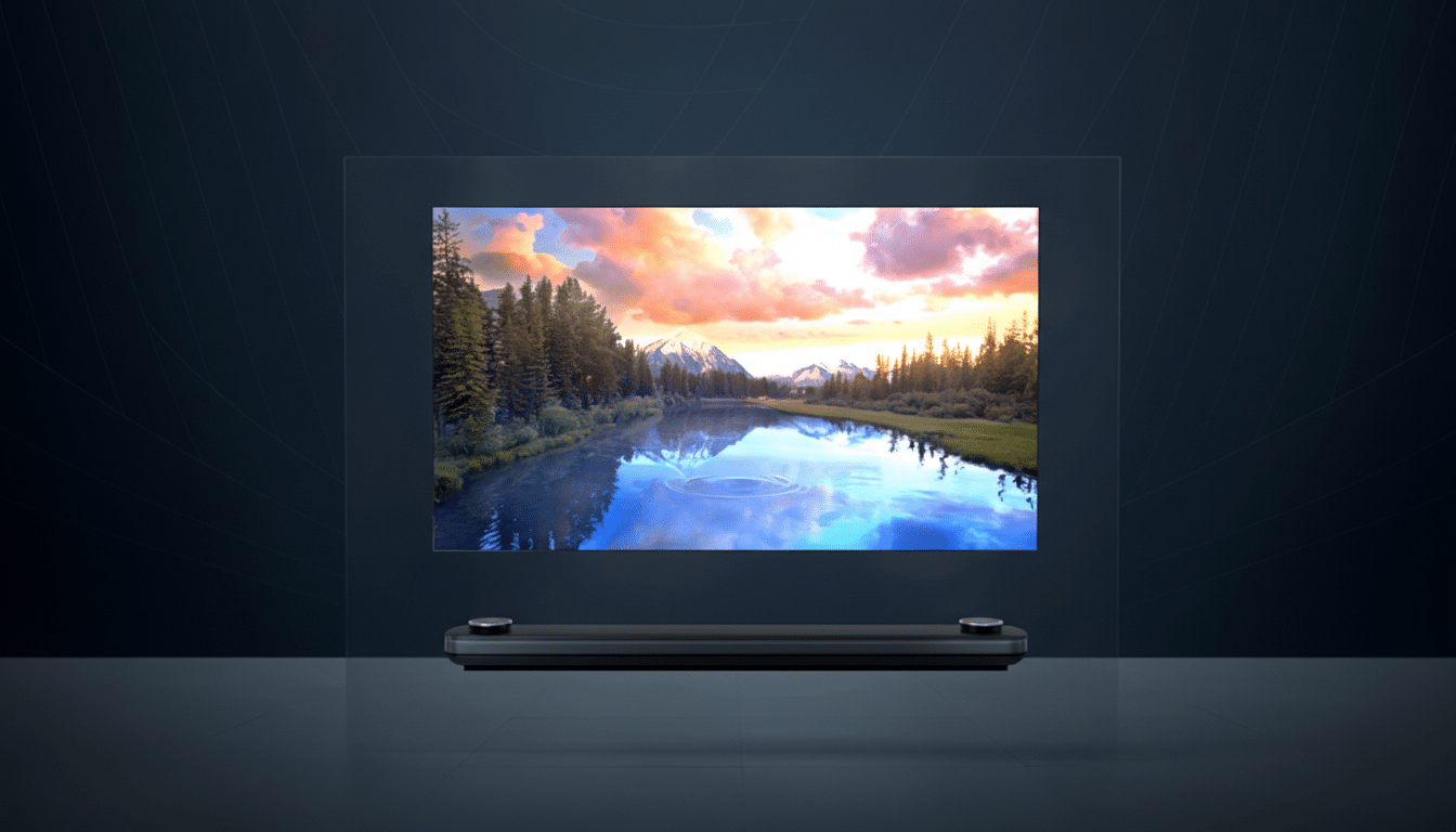 A transparent television displaying a vibrant landscape with mountains, a forest, and a river at sunset, set against a dark, professionally enhanced background with subtle geometric patterns.