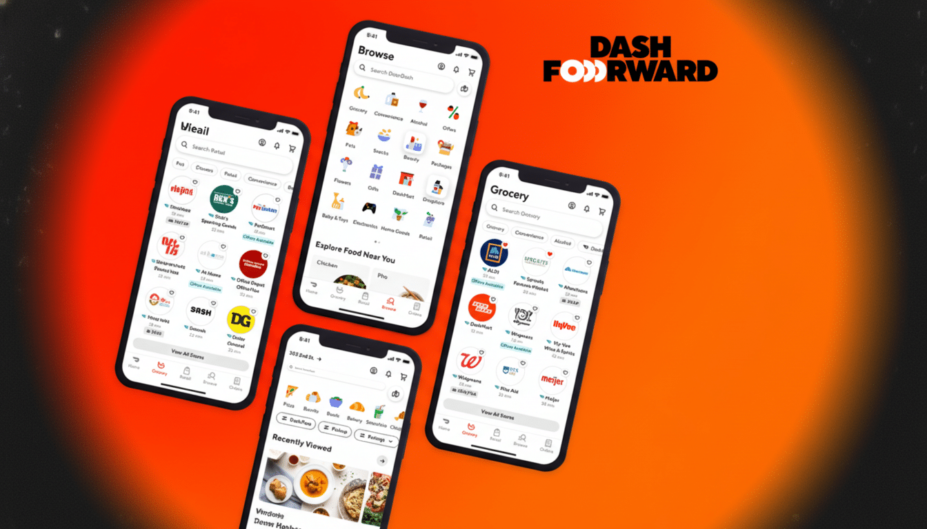 A 16:9 aspect ratio image featuring four smartphones displaying the DoorDash app interface, with the DASH FORWARD logo in the top right corner, set against a vibrant orange background.
