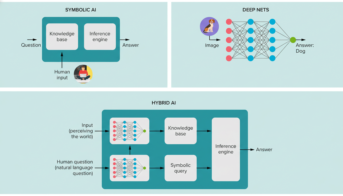 A diagram illustrating three types of artificial intelligence: Symbolic AI, Deep Nets, and Hybrid AI. Symbolic AI uses a knowledge base and inference engine with human input to answer questions. Deep Nets show an image of a dog being processed through neural networks to identify it as a dog. Hybrid AI combines elements of both, using neural networks for input perception and natural language questions, which then feed into a knowledge base and inference engine.
