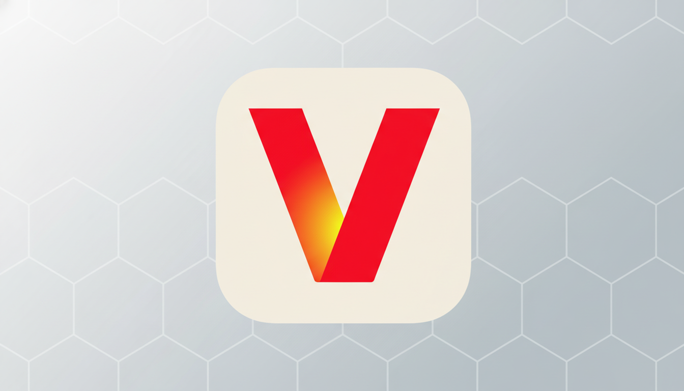 A 16:9 aspect ratio image featuring a red letter V with a yellow-orange gradient at its base, set within a rounded square icon. The background is a professional flat design with soft hexagonal patterns and a light gray gradient.