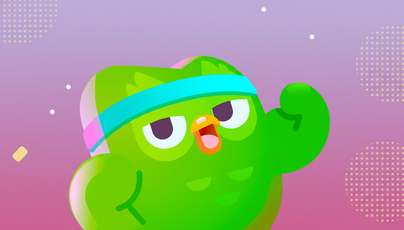 A 16:9 aspect ratio image of the Duolingo owl, Duo, wearing a blue headband and flexing, set against a professional flat design background with soft patterns and gradients.