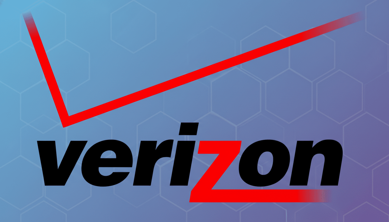 The Verizon logo, featuring the word verizon in black lowercase letters with a red z and a prominent red checkmark above, set against a professional flat design background with soft blue and purple gradients and subtle hexagonal patterns.