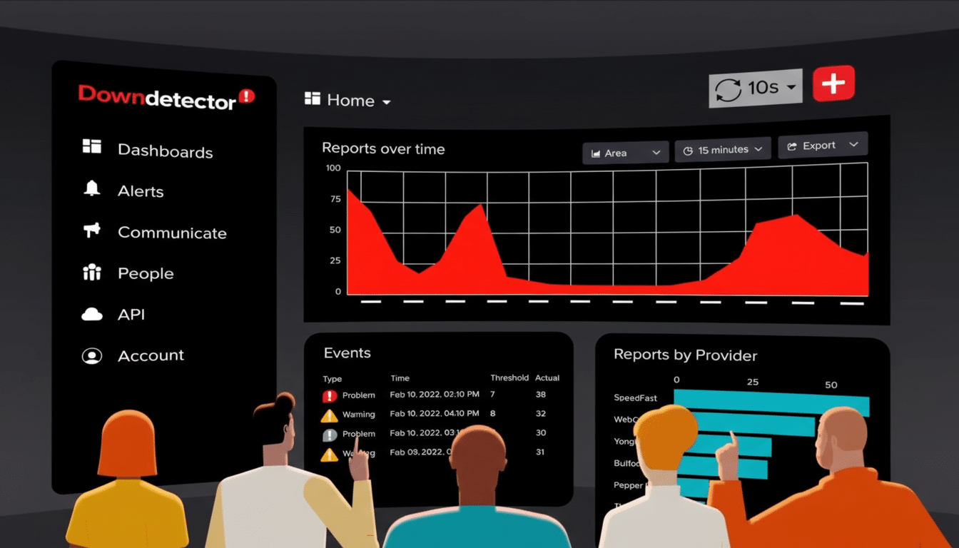 A professional dashboard interface for Downdetector, displaying reports over time, events, and reports by provider, with four people viewing the screen.