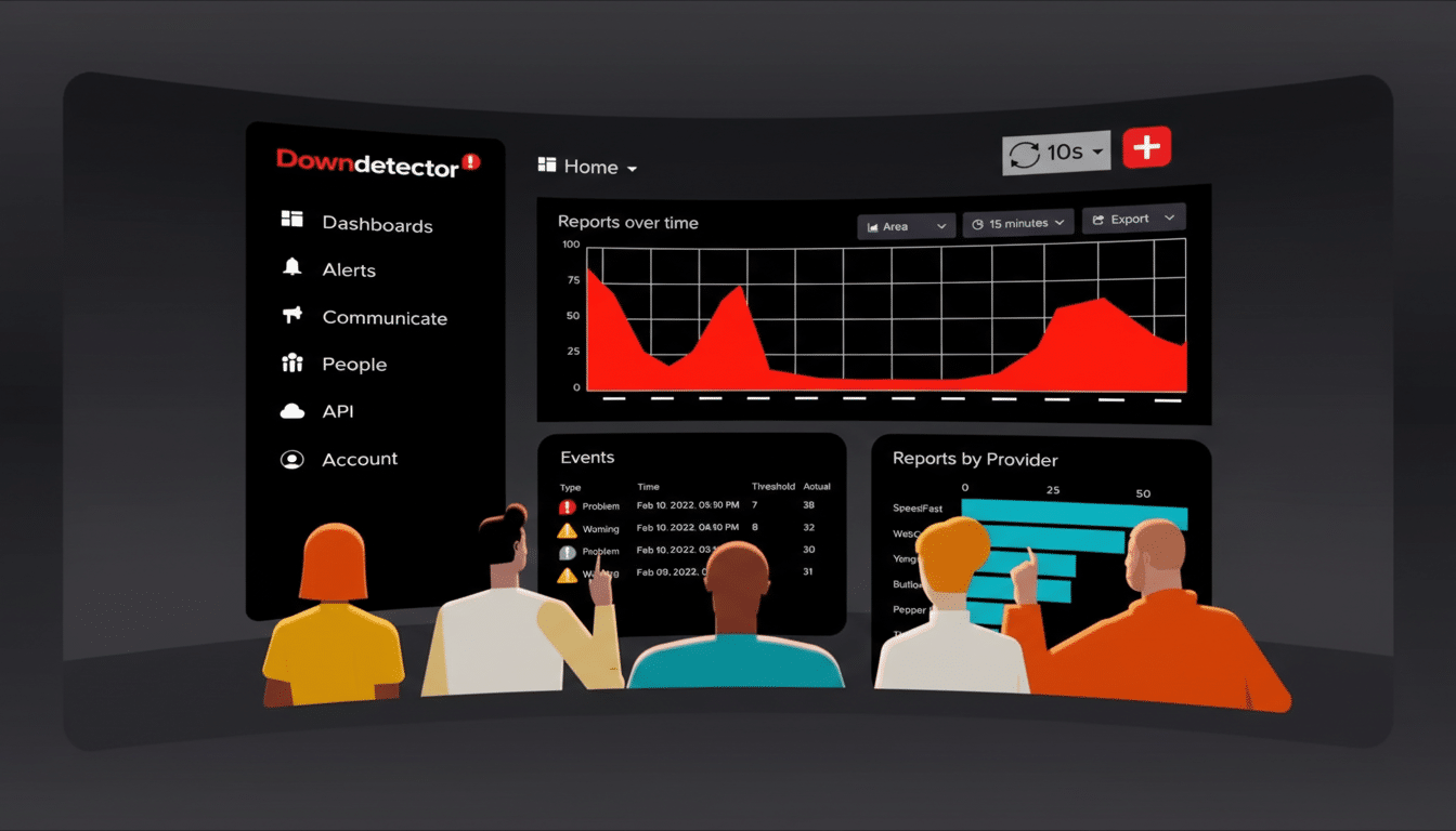 A professional dashboard interface with graphs and data, viewed by a group of people.