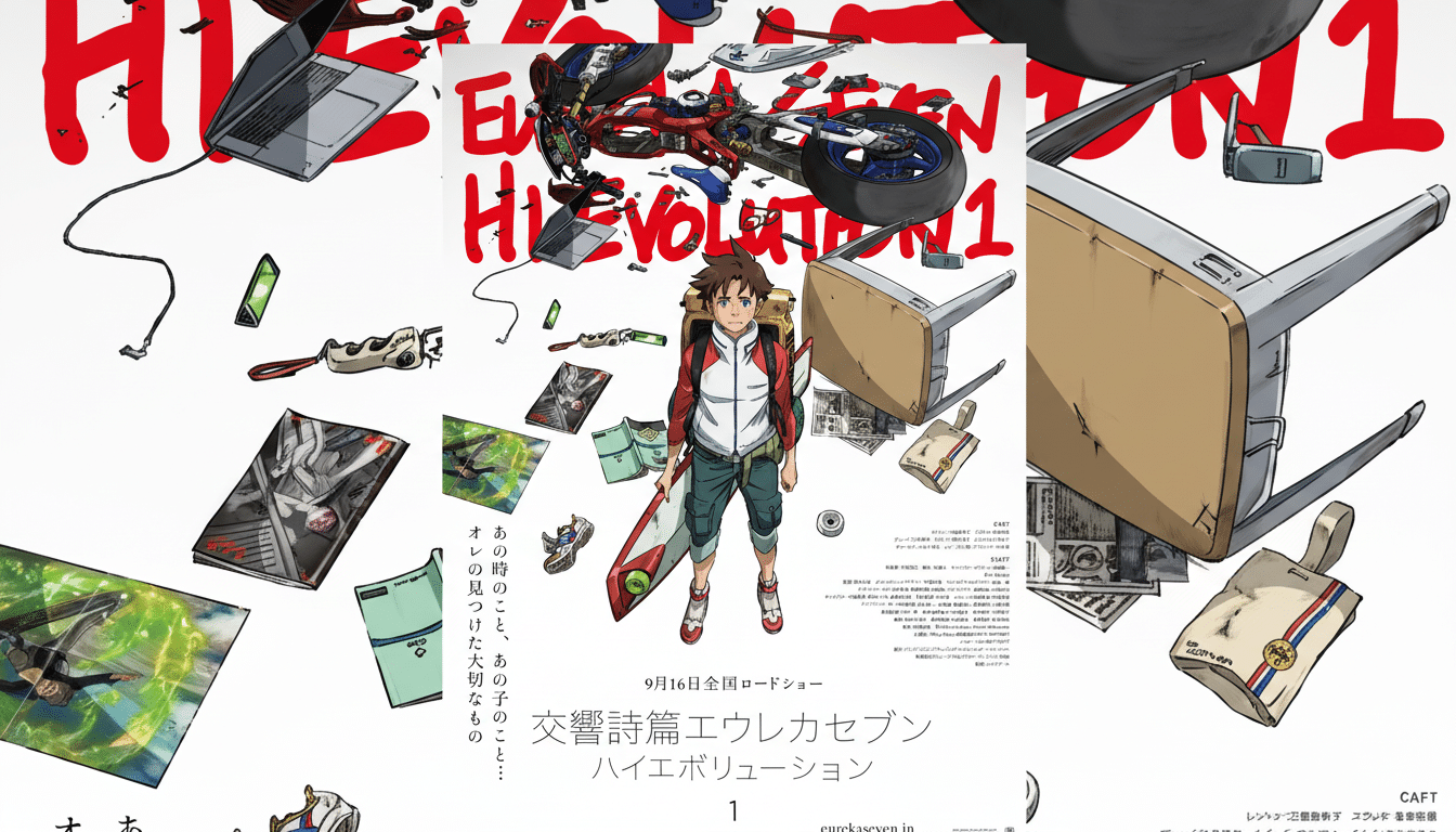 A 16:9 aspect ratio image of a movie poster for Eureka Seven Hi-Evolution 1 featuring a young man with a backpack and a surfboard-like object, surrounded by various items including a disassembled motorcycle, a laptop, and other futuristic gadgets. The original background is maintained.