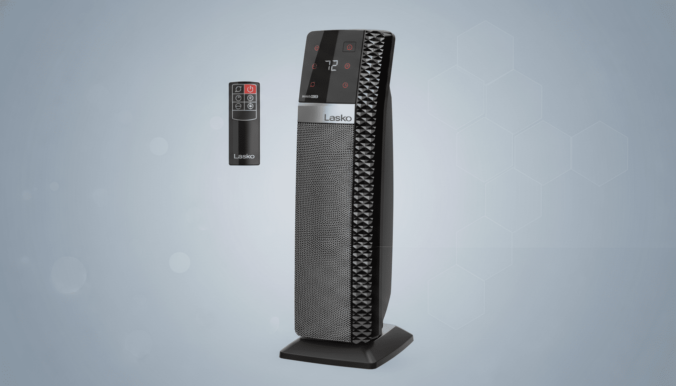 A Lasko space heater and its remote control are presented on a professional flat design background with soft patterns and gradients.