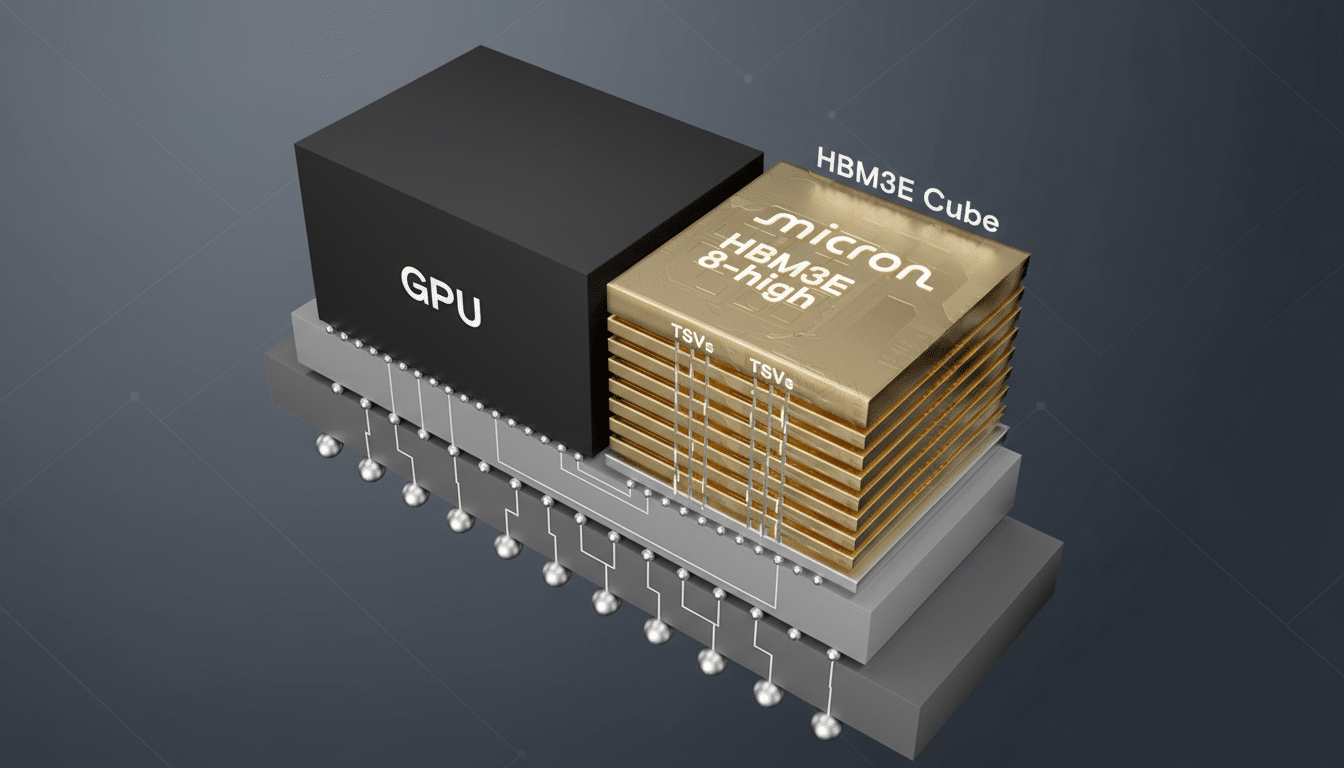 A Micron HBM3E 8-high memory cube connected to a GPU, with a professional flat design background.
