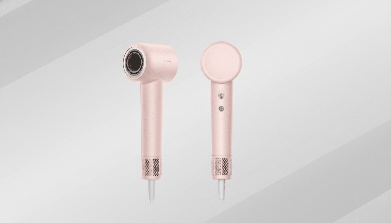 A pink Dreame hair dryer shown from two angles, front and back, against a professional flat design background with soft patterns.