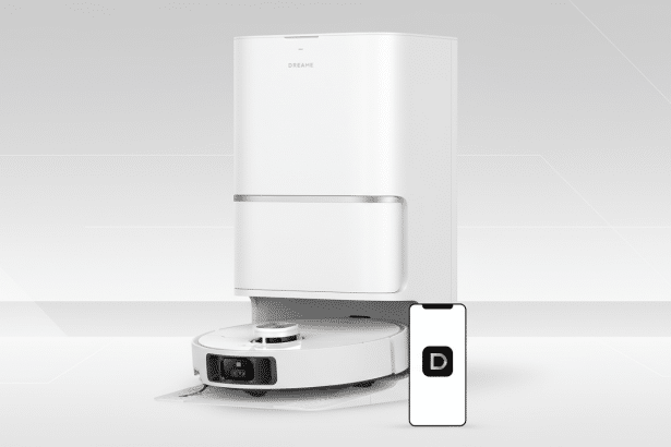 A white Dreame robot vacuum cleaner and its charging station, with a smartphone displaying the Dreame app icon, set against a professional flat gray background with subtle geometric patterns.