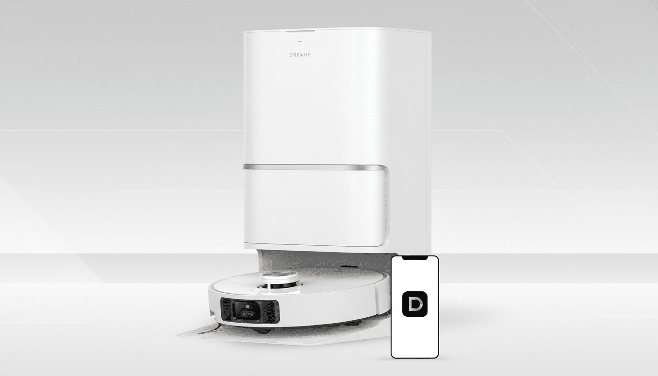 A white Dreame robot vacuum cleaner and its charging station, with a smartphone displaying the Dreame app icon, set against a professional flat gray background with subtle geometric patterns.