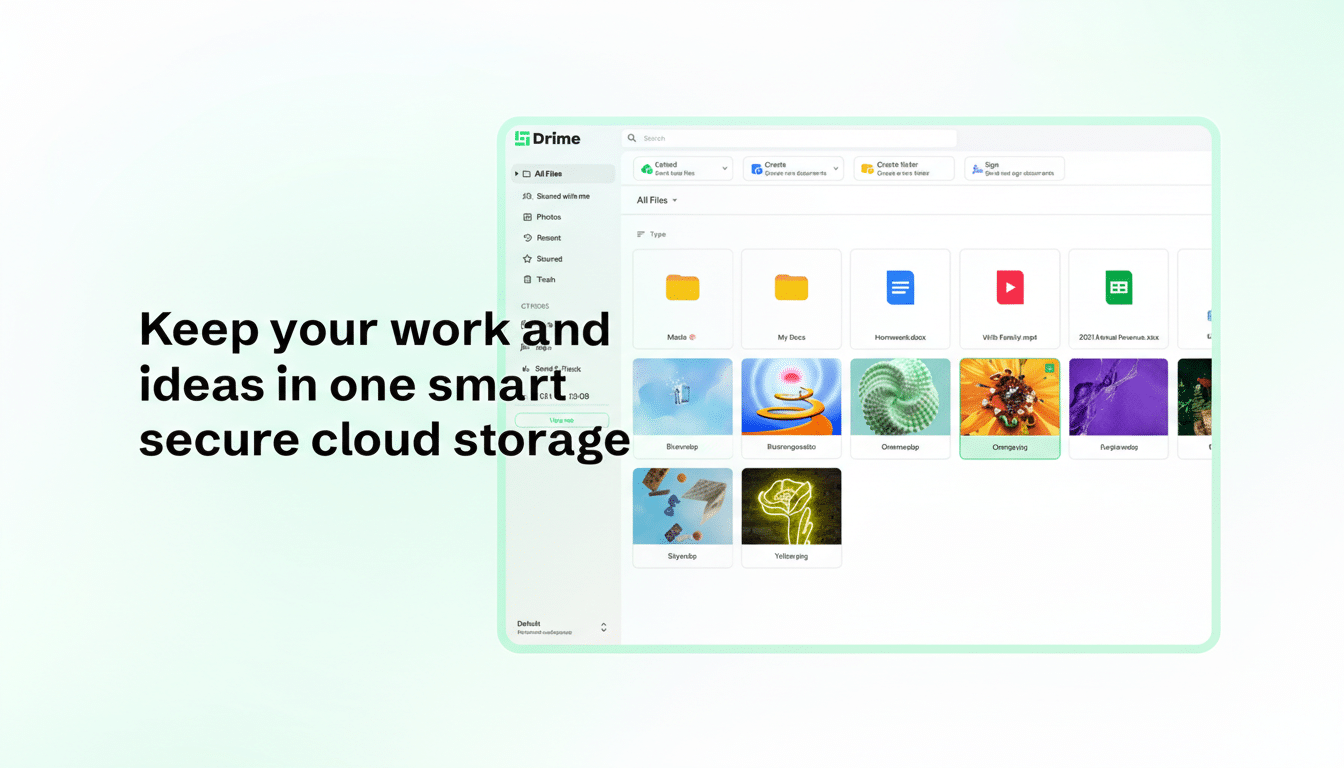 A screenshot of the Drime cloud storage interface, displaying various files and folders, with the text Keep your work and ideas in one smart secure cloud storage on the left.