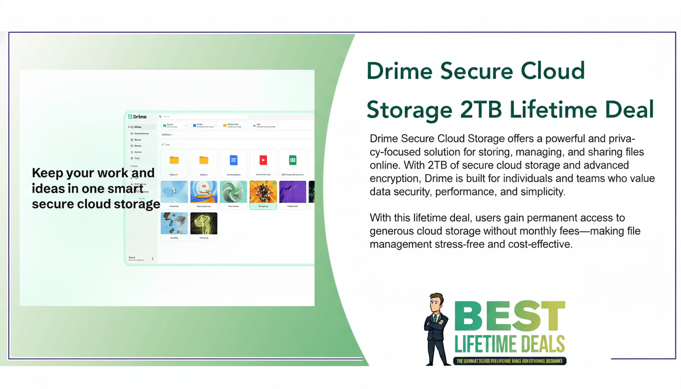 A promotional image for Drime Secure Cloud Storage, featuring a screenshot of the Drime interface on the left and text describing a 2TB Lifetime Deal on the right. The image has been resized to a 16:9 aspect ratio.