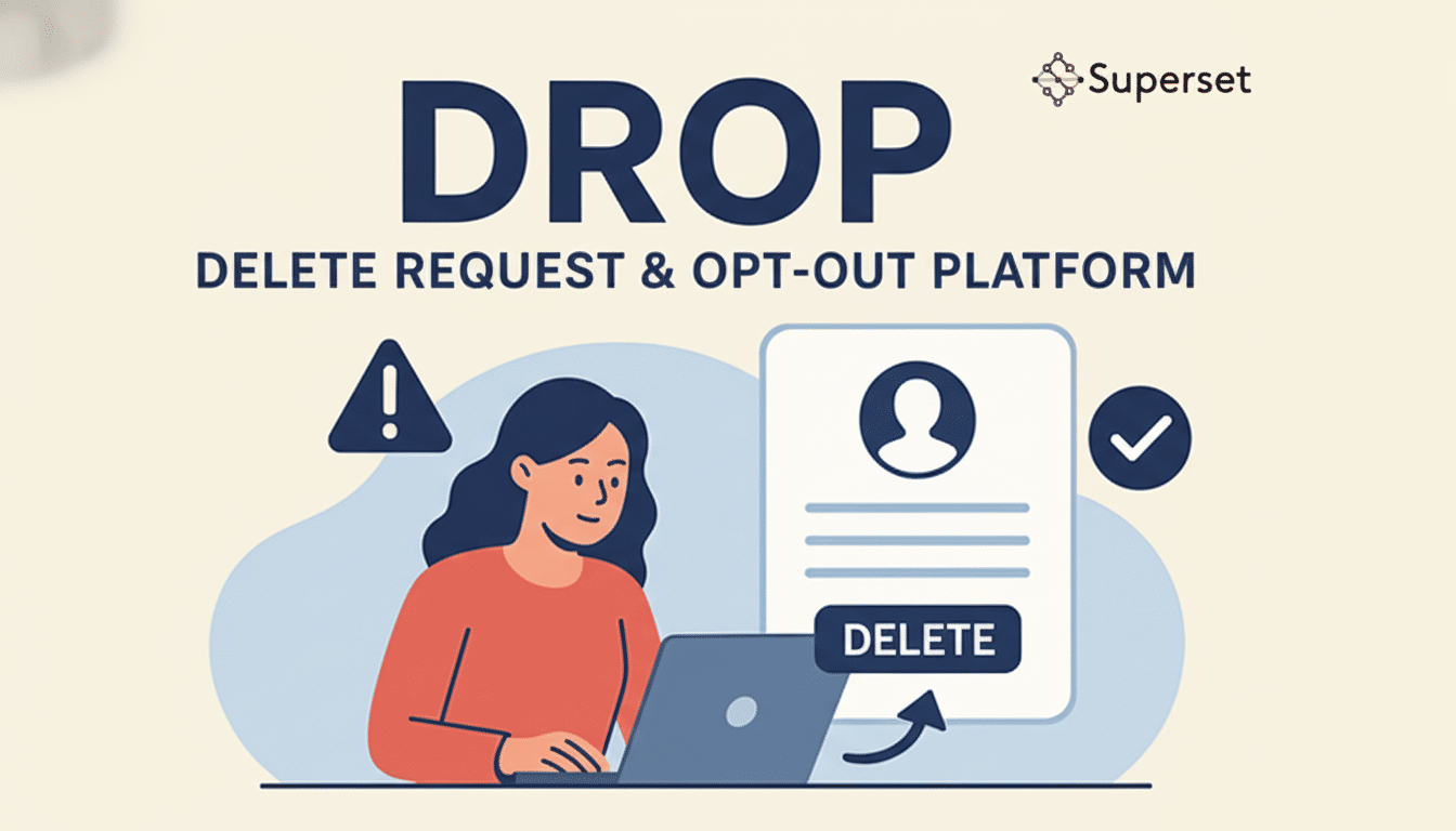 A woman sitting at a laptop with the words DROP DELETE REQUEST & OPT-OUT PLATFORM above her. To her right is a document icon with a profile silhouette and a DELETE button.