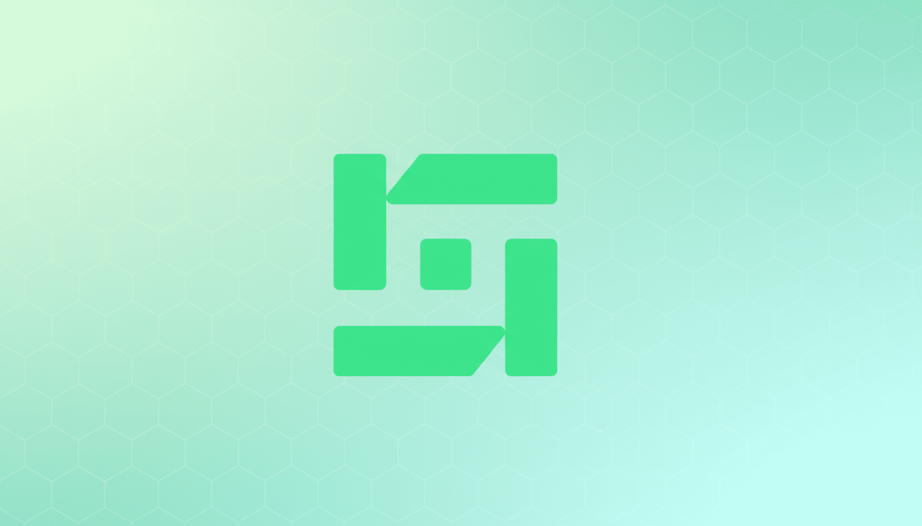 A green abstract logo on a light green gradient background with a subtle hexagonal pattern.