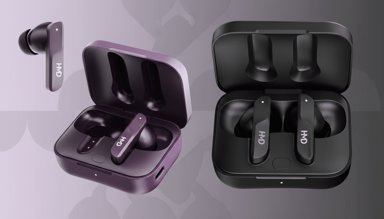 A pair of purple HMD wireless earbuds in their open charging case, with a single earbud shown separately, and a pair of black HMD wireless earbuds in their open charging case, all presented on a professional gradient background.